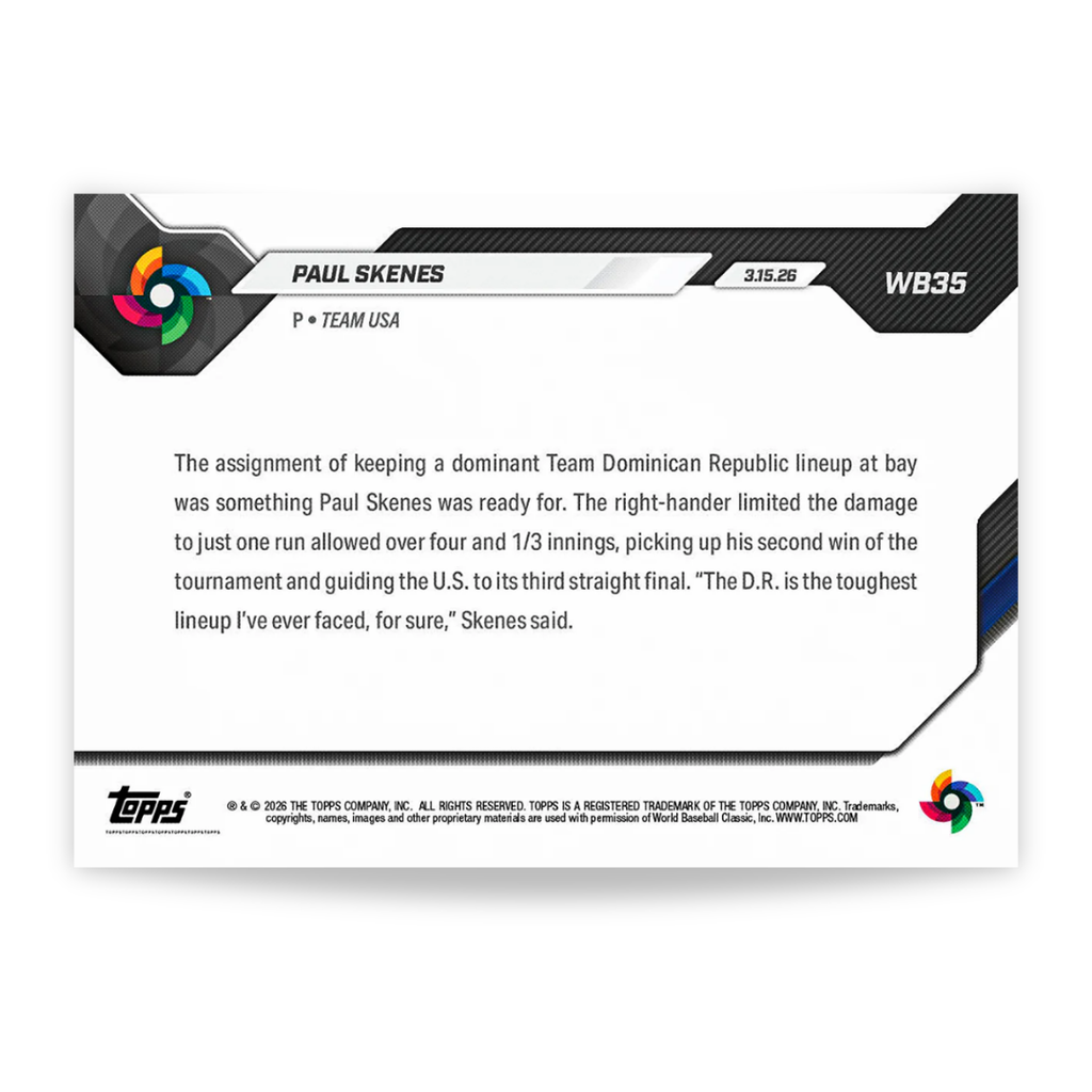 Paul Skenes - Open Edition Base Card - 2026 World Baseball Classic Topps NOW® - Card 35 - PR: 16,243
