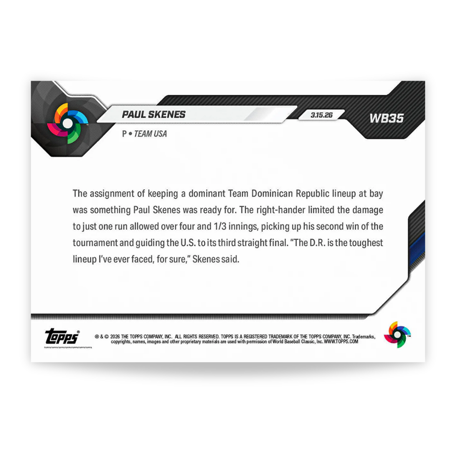 Paul Skenes - Open Edition Base Card - 2026 World Baseball Classic Topps NOW® - Card 35 - PR: 16,243