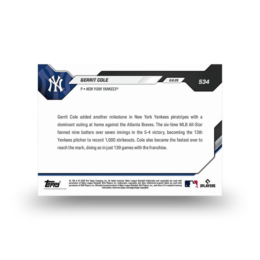 Gerrit Cole - 2026 MLB Topps NOW® - Card 534 - PR: 1045