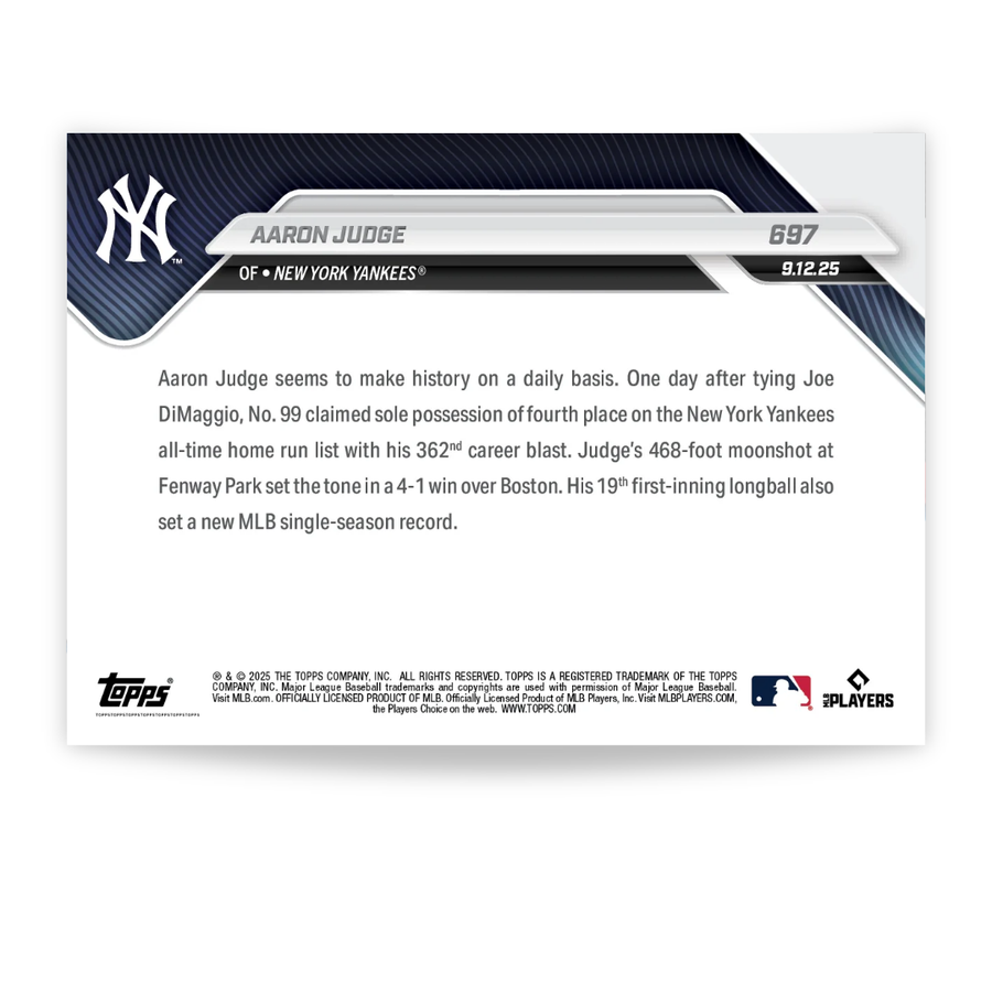 Aaron Judge - 2025 MLB Topps NOW® - Card 697 - LOOK FOR RELICS OR AUTO-RELIC - PR: 13765