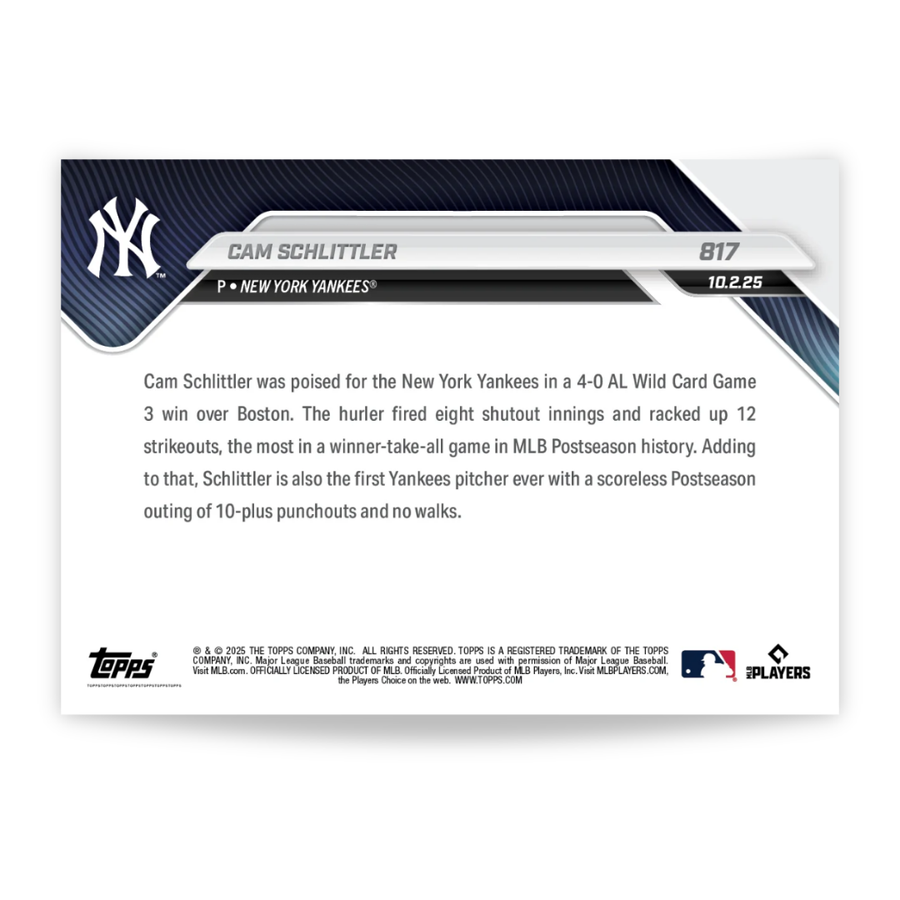 Cam Schlittler - 2025 MLB Topps NOW® - Card 817 - PR: 18809