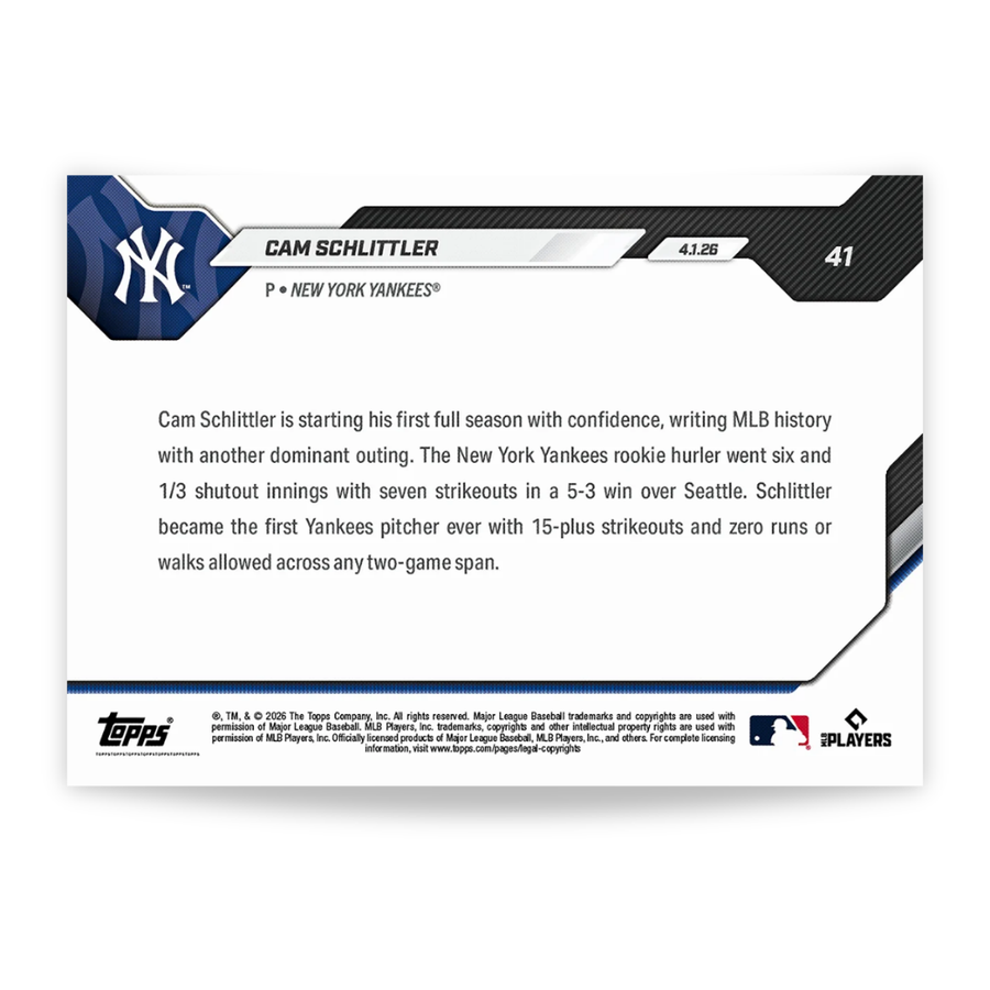 Cam Schlittler - 2026 MLB Topps NOW® - Card 41 - PR: 3627