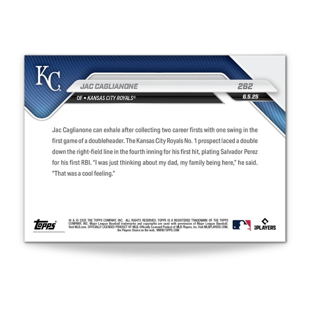 Jac Caglianone - 2025 MLB Topps NOW® - Card 262 - LOOK FOR AUTOS - PR: 33,728