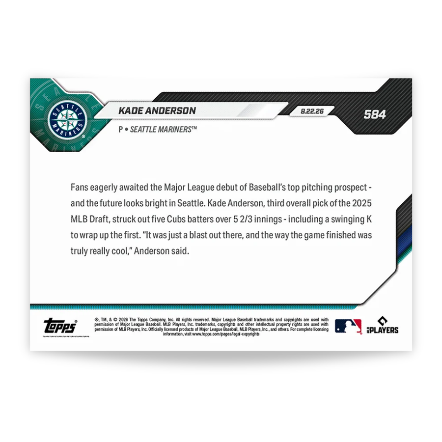 Kade Anderson - 2026 MLB Topps NOW® - Card 584 - PR: 6002