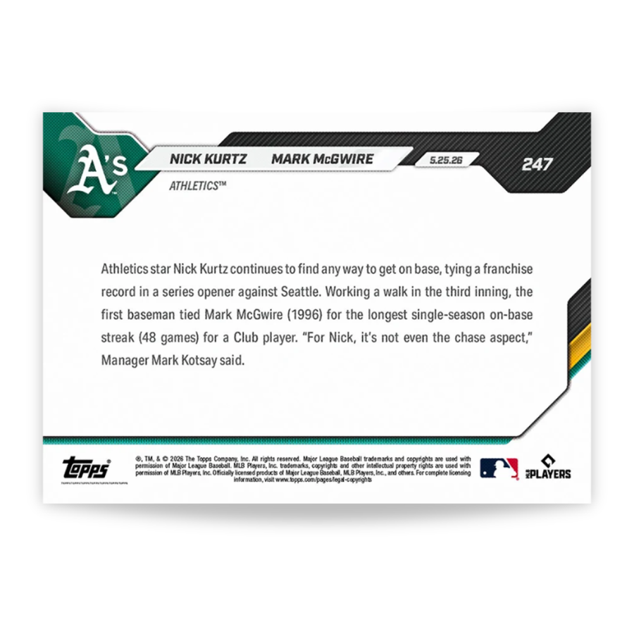 Nick Kurtz/Mark McGwire - 2026 MLB Topps NOW® - Tarjeta 247 - PR: 1768