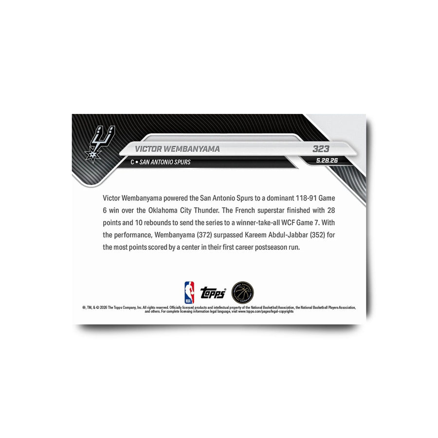 Victor Wembanyama - NBA Topps NOW® 2025-26 - Tarjeta 323 - PR: 20538